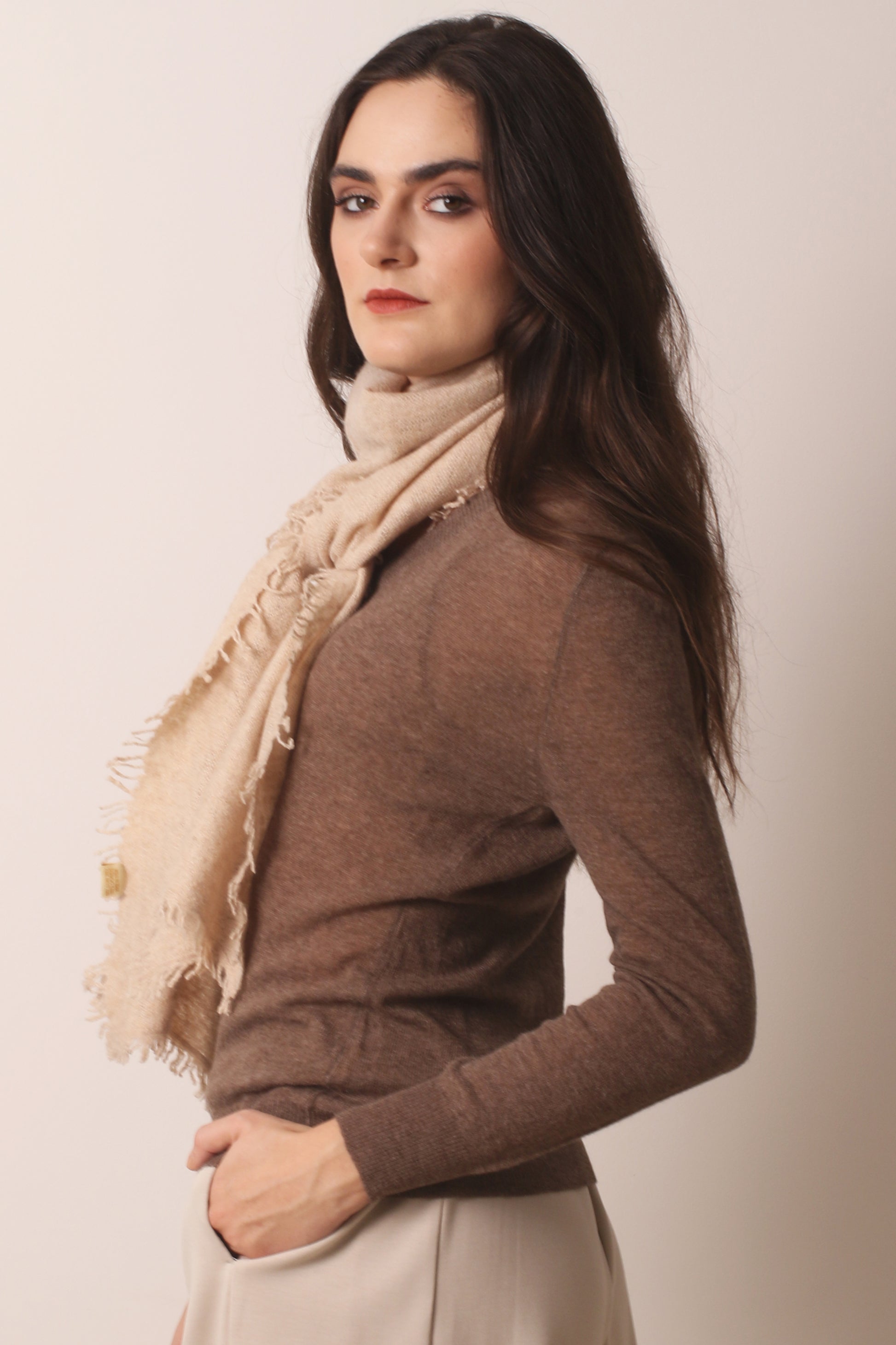 Oatmeal Knitted Cashmere Scarf 2- Pasha Women's