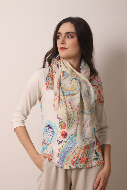 Paisley Print Silk Cashmere Scarf 3- Pashma Women's