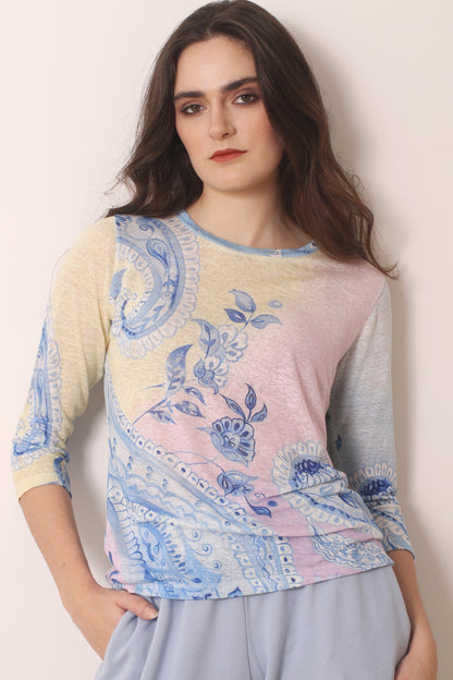 Pastel Knitted Linen printed T shirt- Pashma Women's