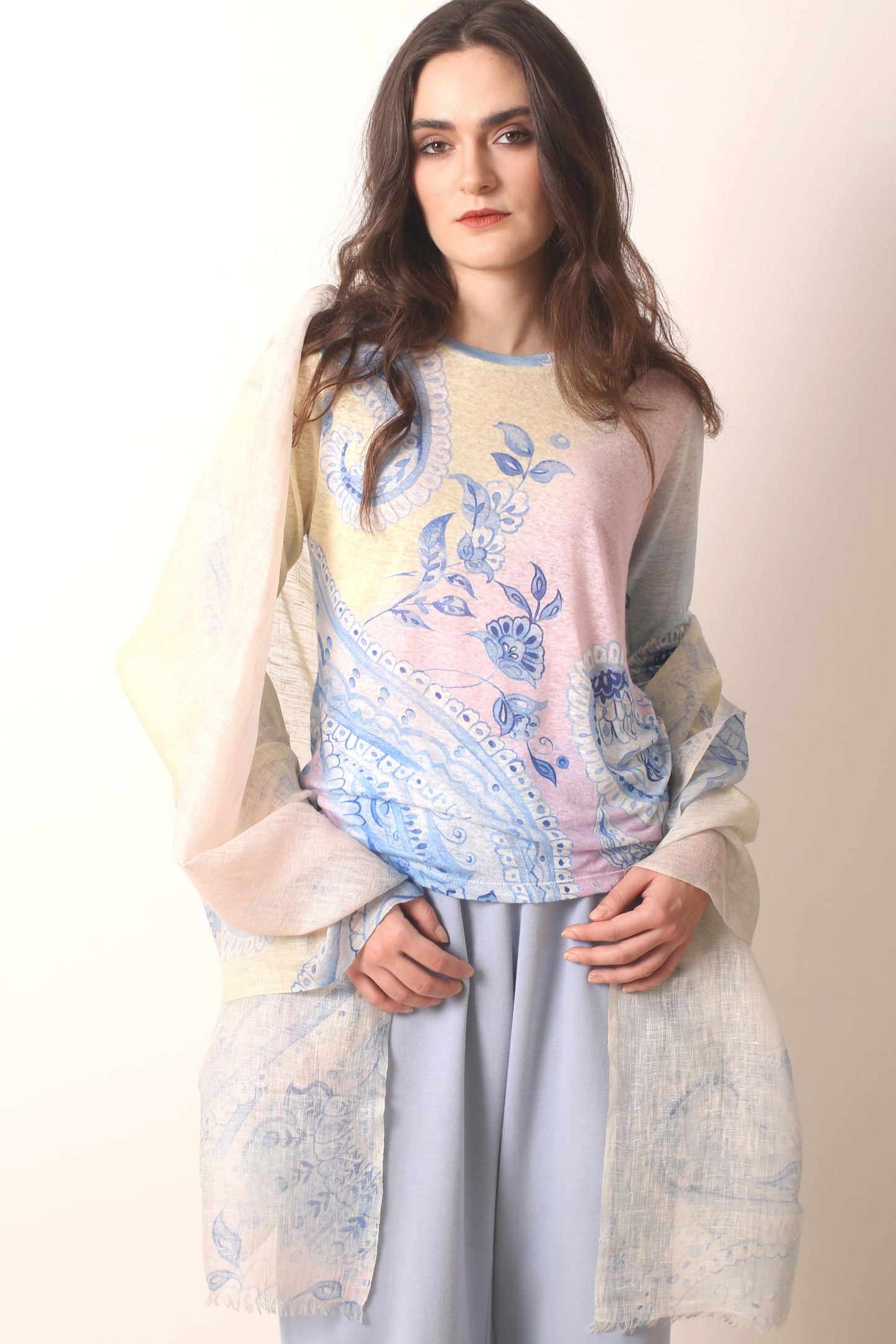 Pastel Knitted Linen printed T shirt 2- Pashma Women's