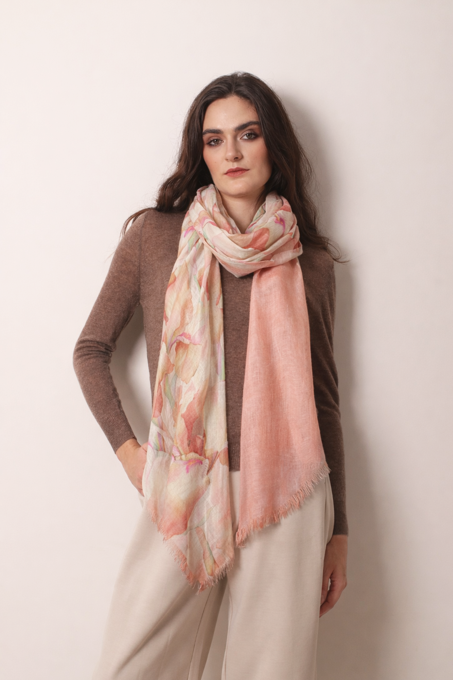 Peach Floral Silk Cashmere Scarf 2 - Pashma Women's