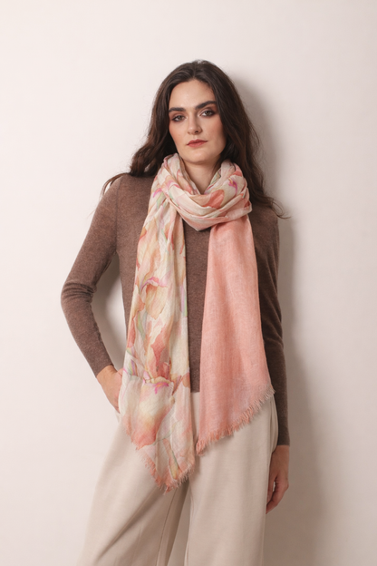 Peach Floral Silk Cashmere Scarf 2 - Pashma Women's