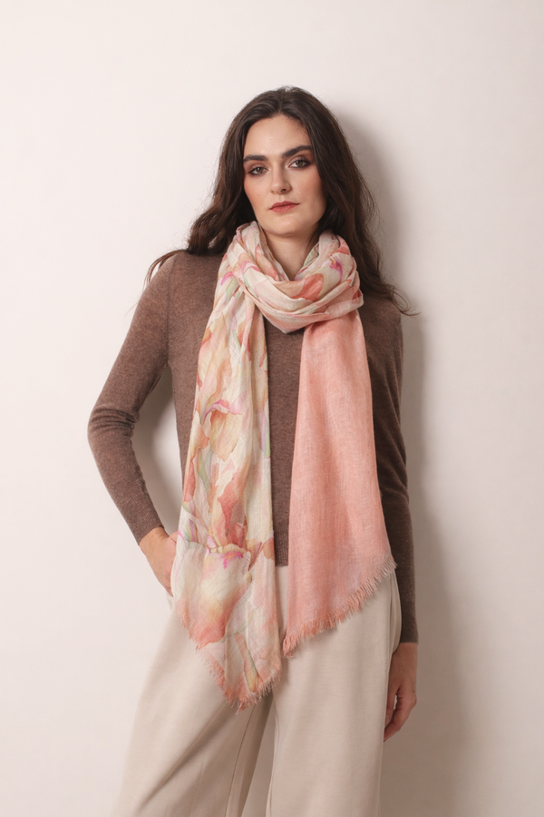 Peach Floral Silk Cashmere Scarf 2 - Pashma Women's