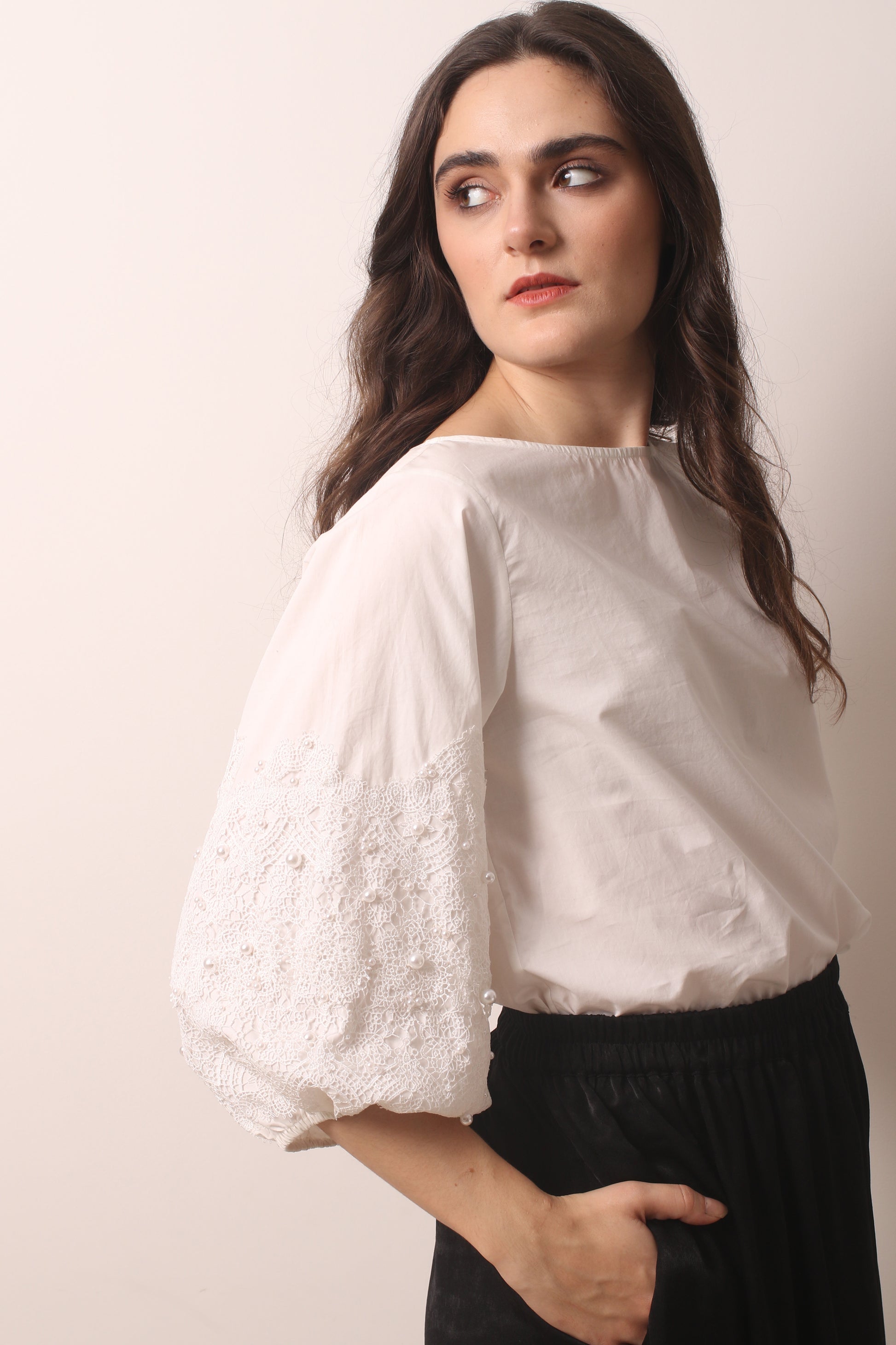 Pearl Whisper Lace Insert Cotton Linen Blouse 1- Pashma Women's