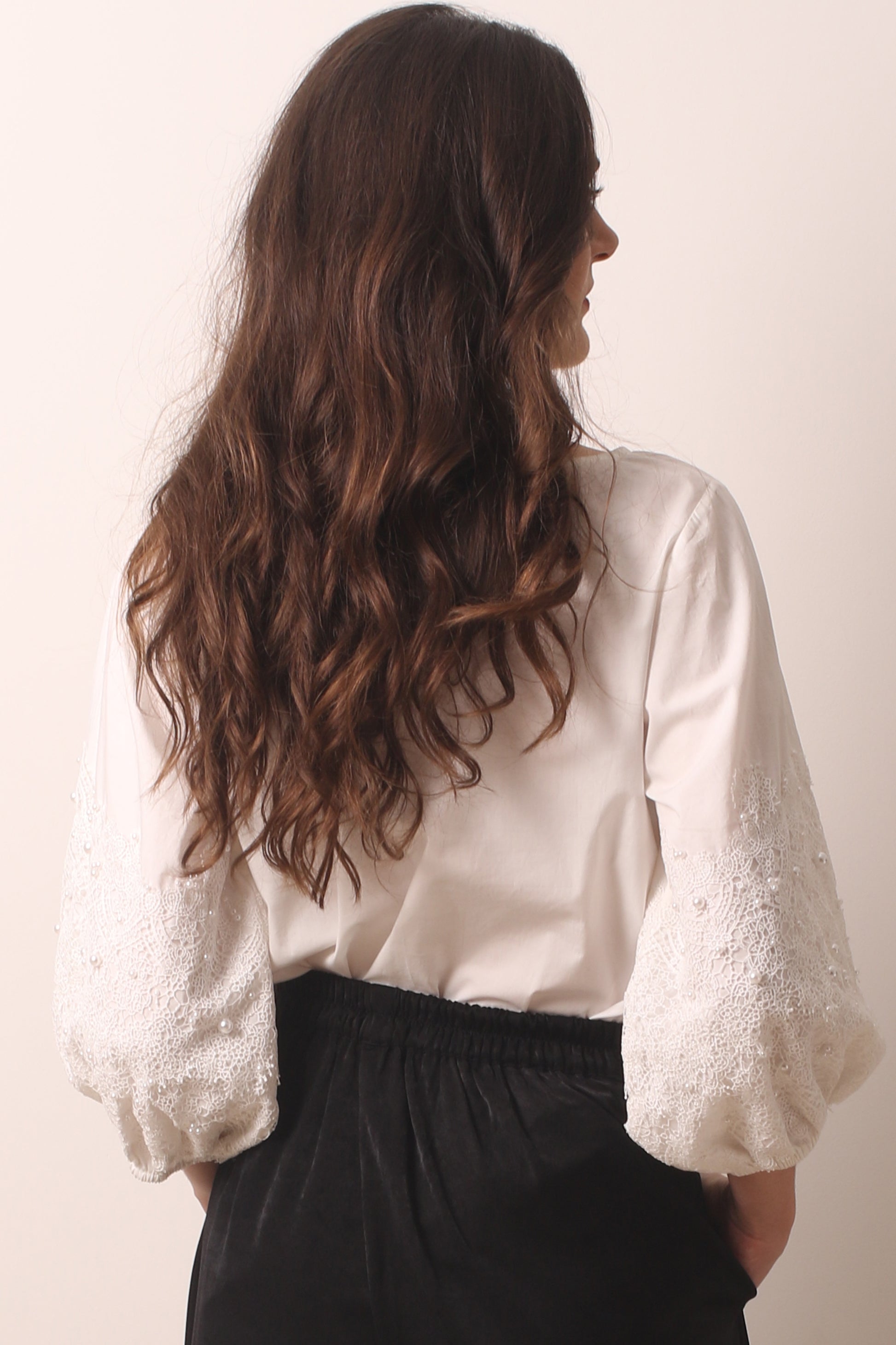 Pearl Whisper Lace Insert Cotton Linen Blouse 2- Pashma Women's