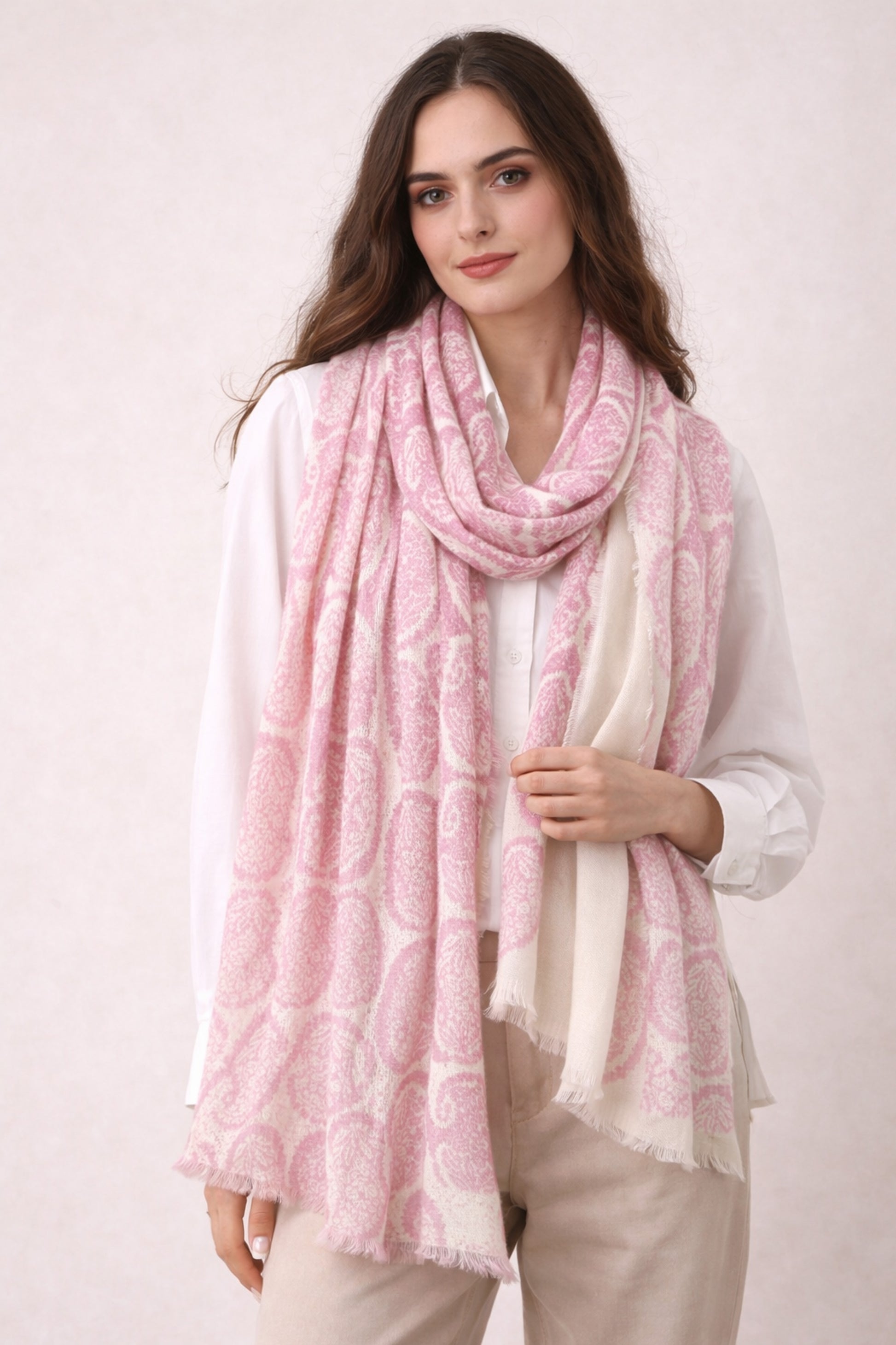 Pink Paisley wool blend Scarf 1- Pashma Women's
