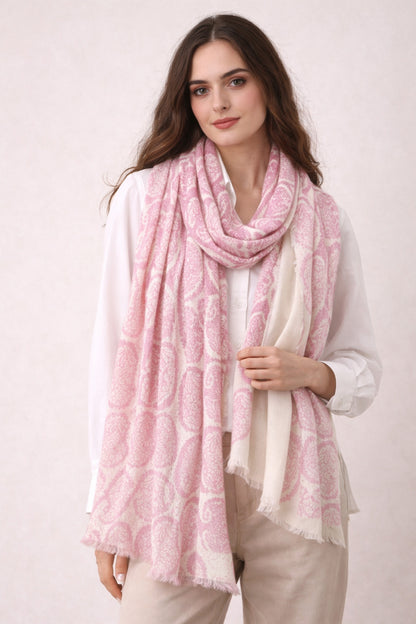 Pink Paisley wool blend Scarf 1- Pashma Women's