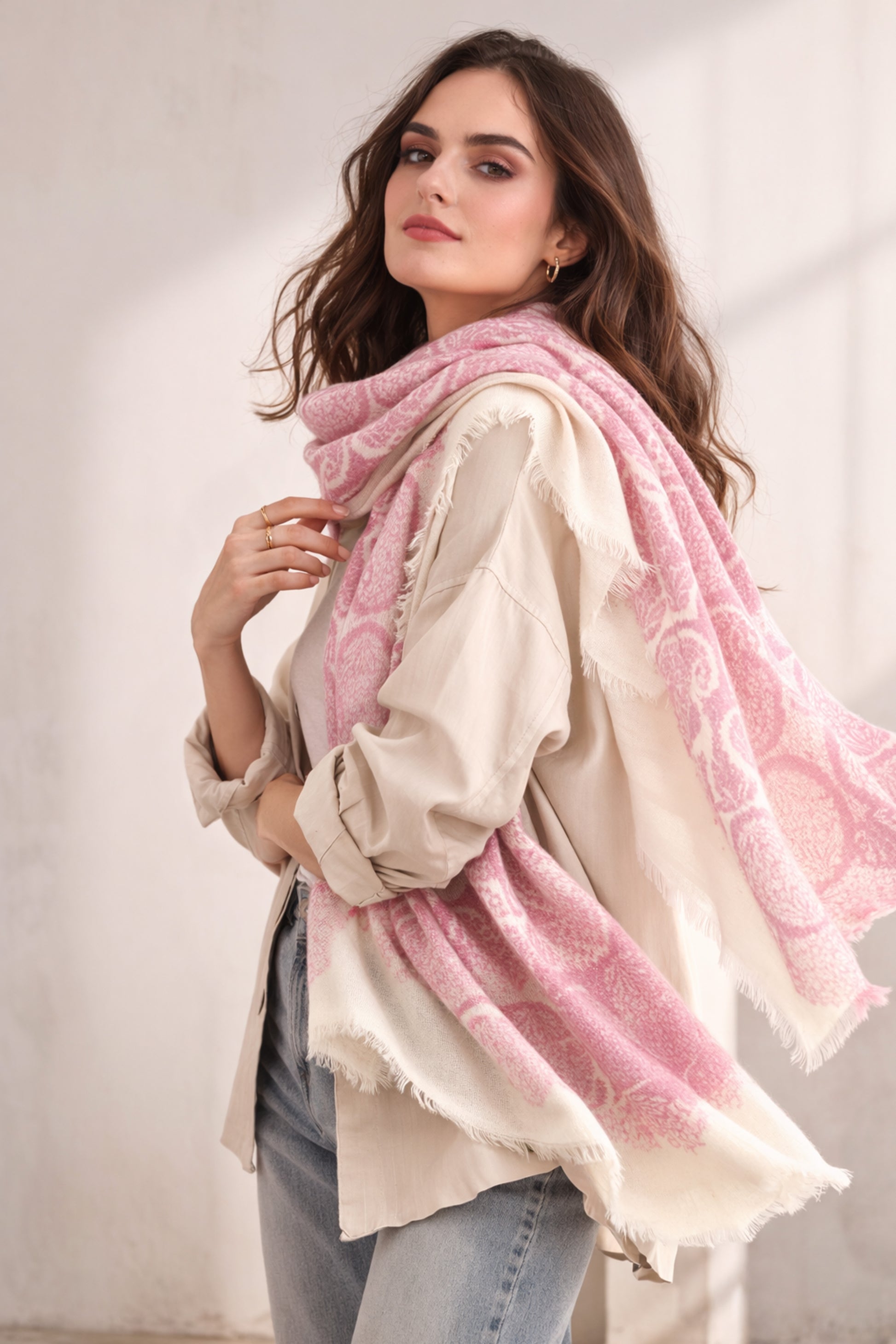 Pink Paisley wool blend Scarf 2- Pashma Women's