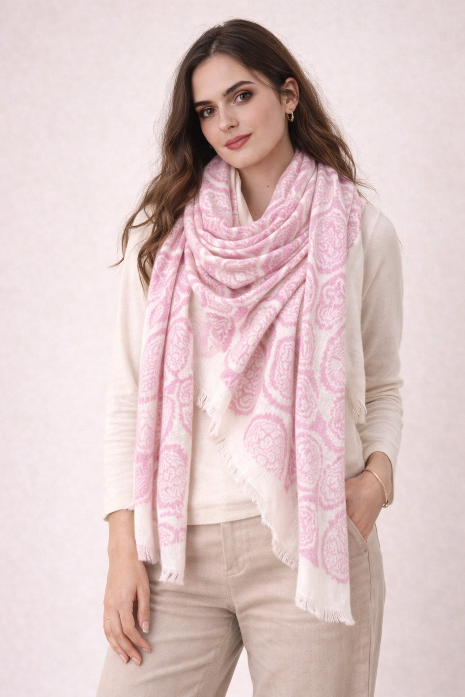 Pink Paisley wool blend Scarf 3- Pashma Women's