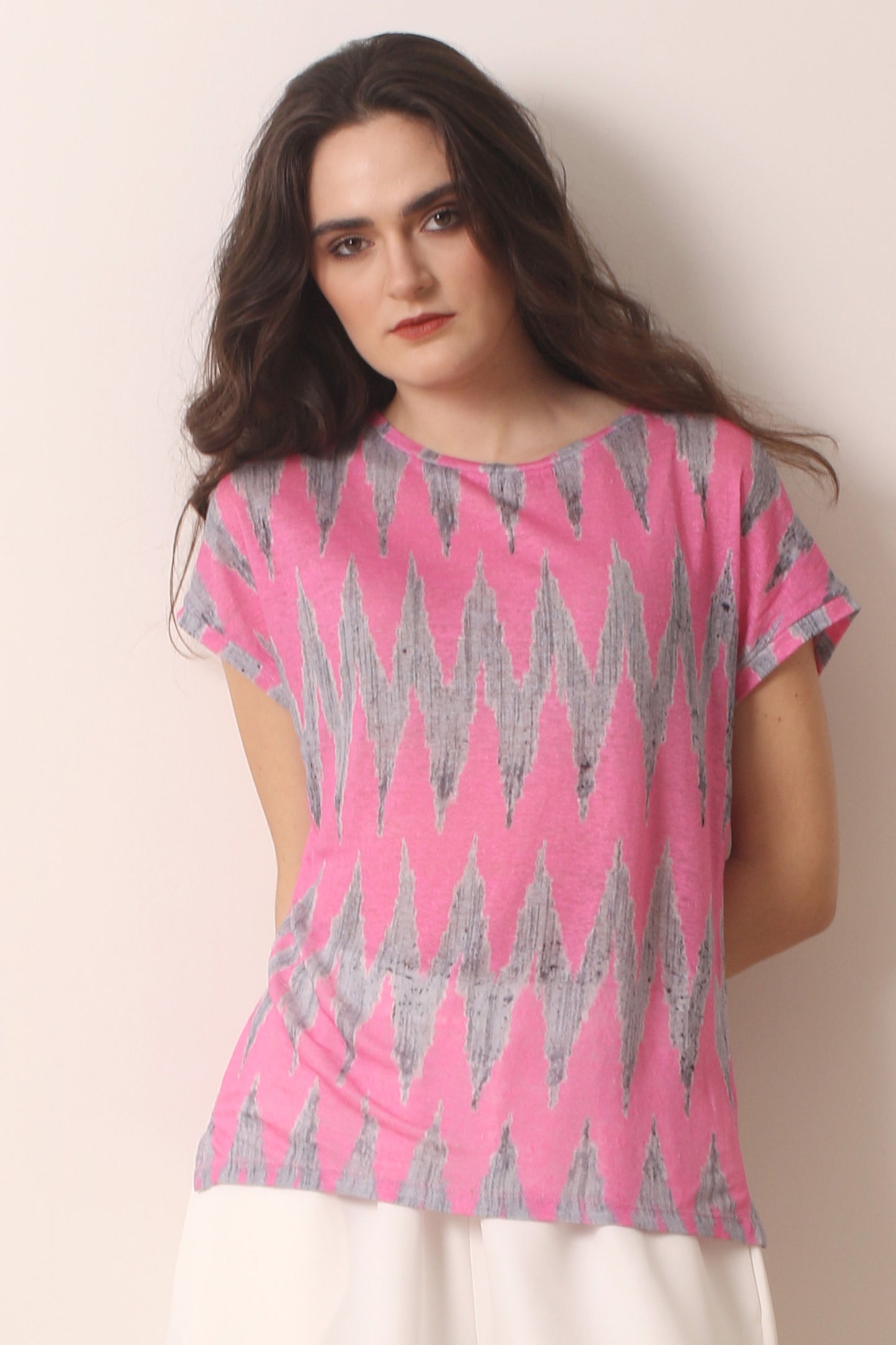 Pink ikat knitted linen T-shirt- Pashma Women