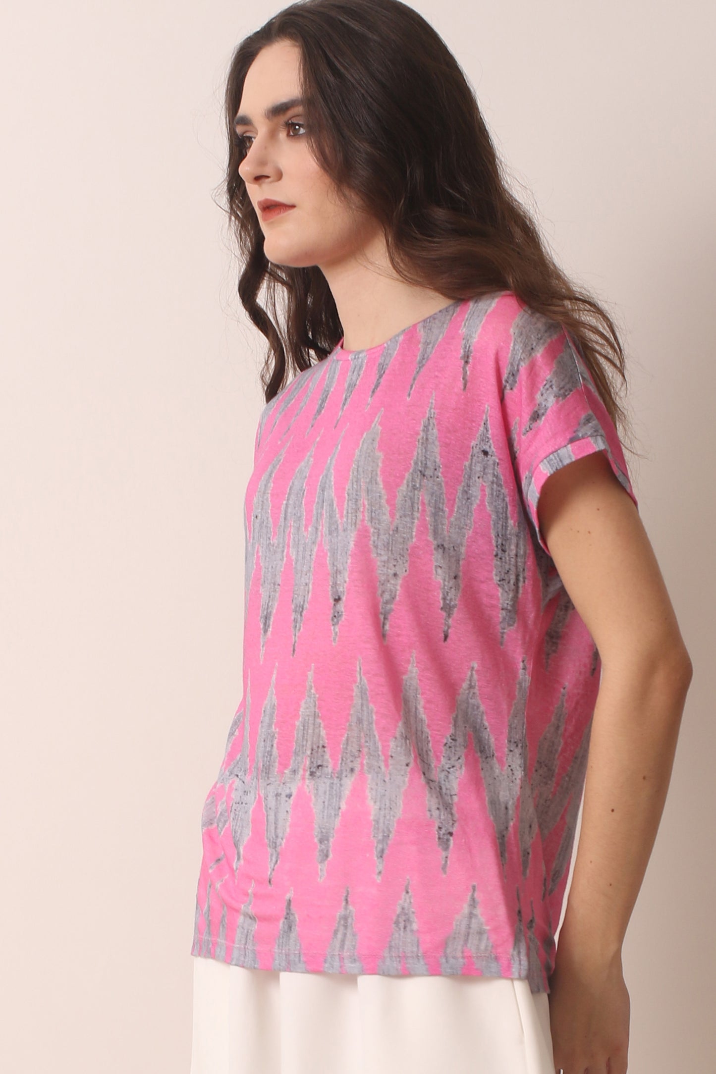 Pink ikat knitted linen T-shirt 2- Pashma Women