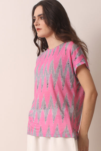 Pink ikat knitted linen T-shirt 2- Pashma Women