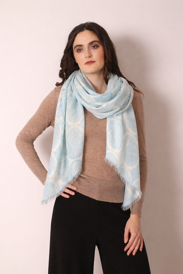 Sky Blue Paisley Silk Cashmere Scarf 1- Pashma Women's