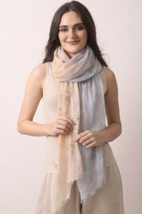 Smoke Grey Floral Printed Linen scarf- Pashma Women's