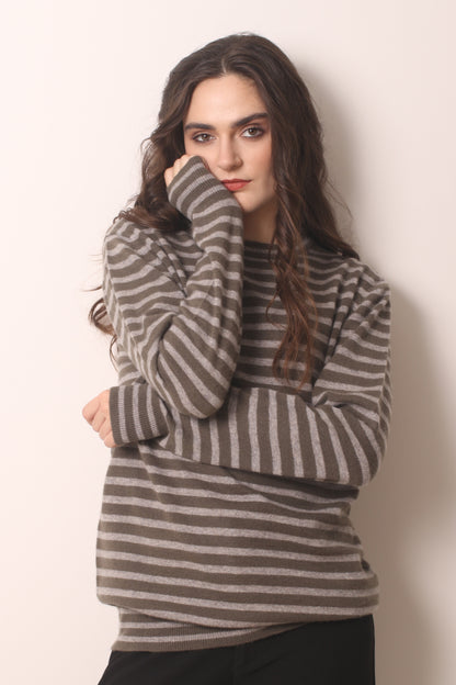 Smokey Melange Cashmere Striped T Shirt 3- Pashma Women's