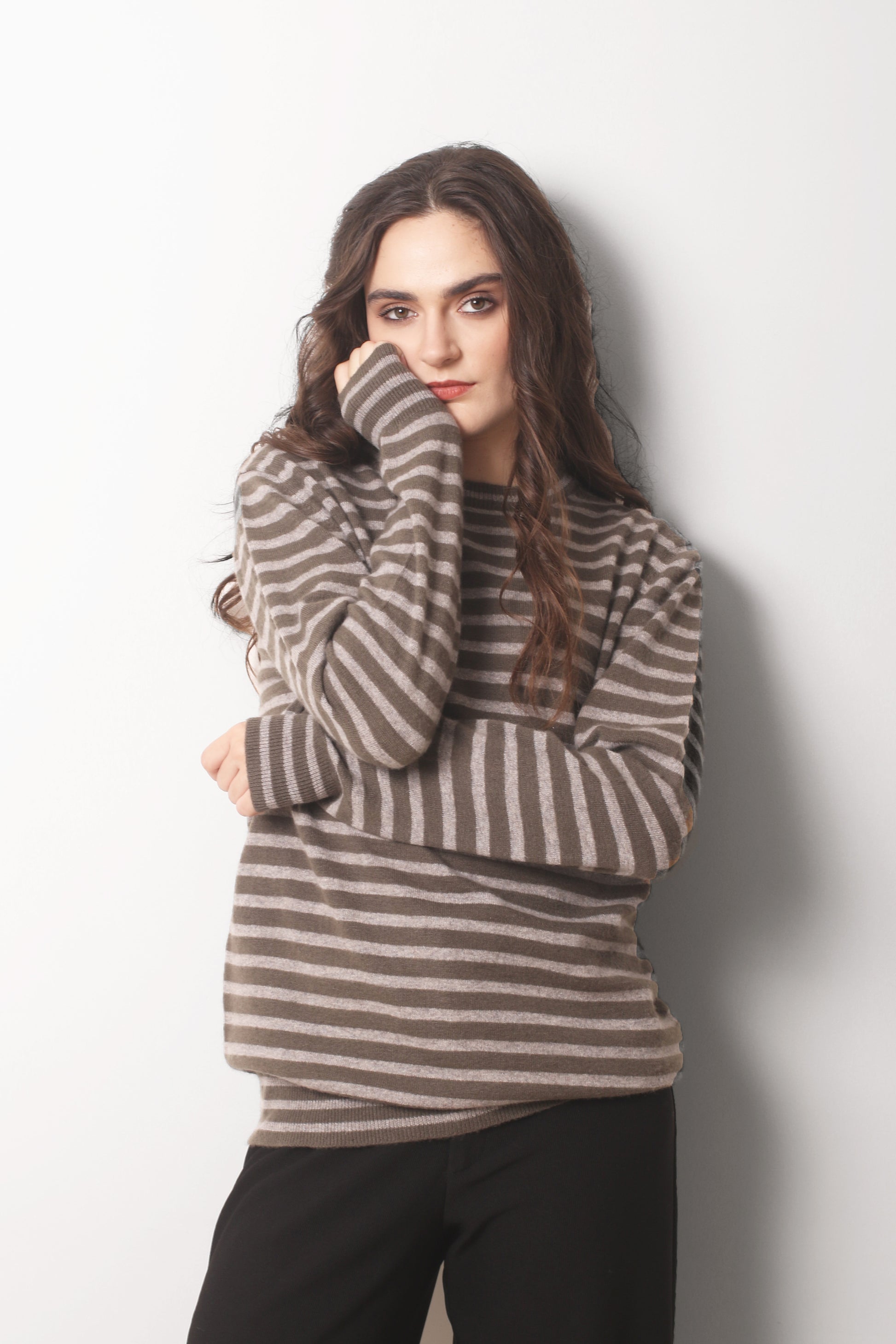 Smokey_Olive_and_Grey_Melange_Cashmere_Striped_Crew_Neck_T_Shirt_1-_Pashma_Women_s