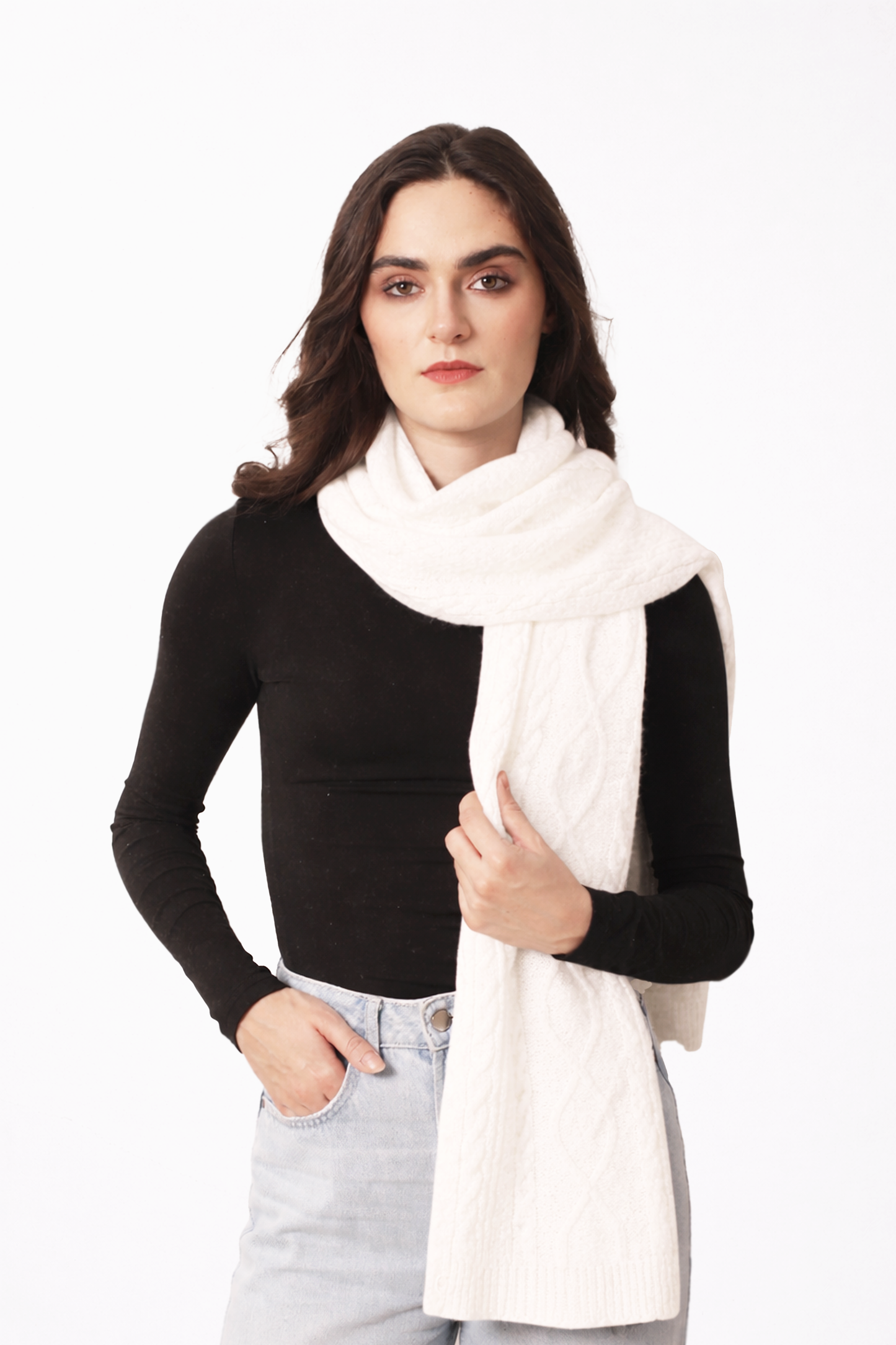 Soft Pearl Cashmere Cable Knit Scarf