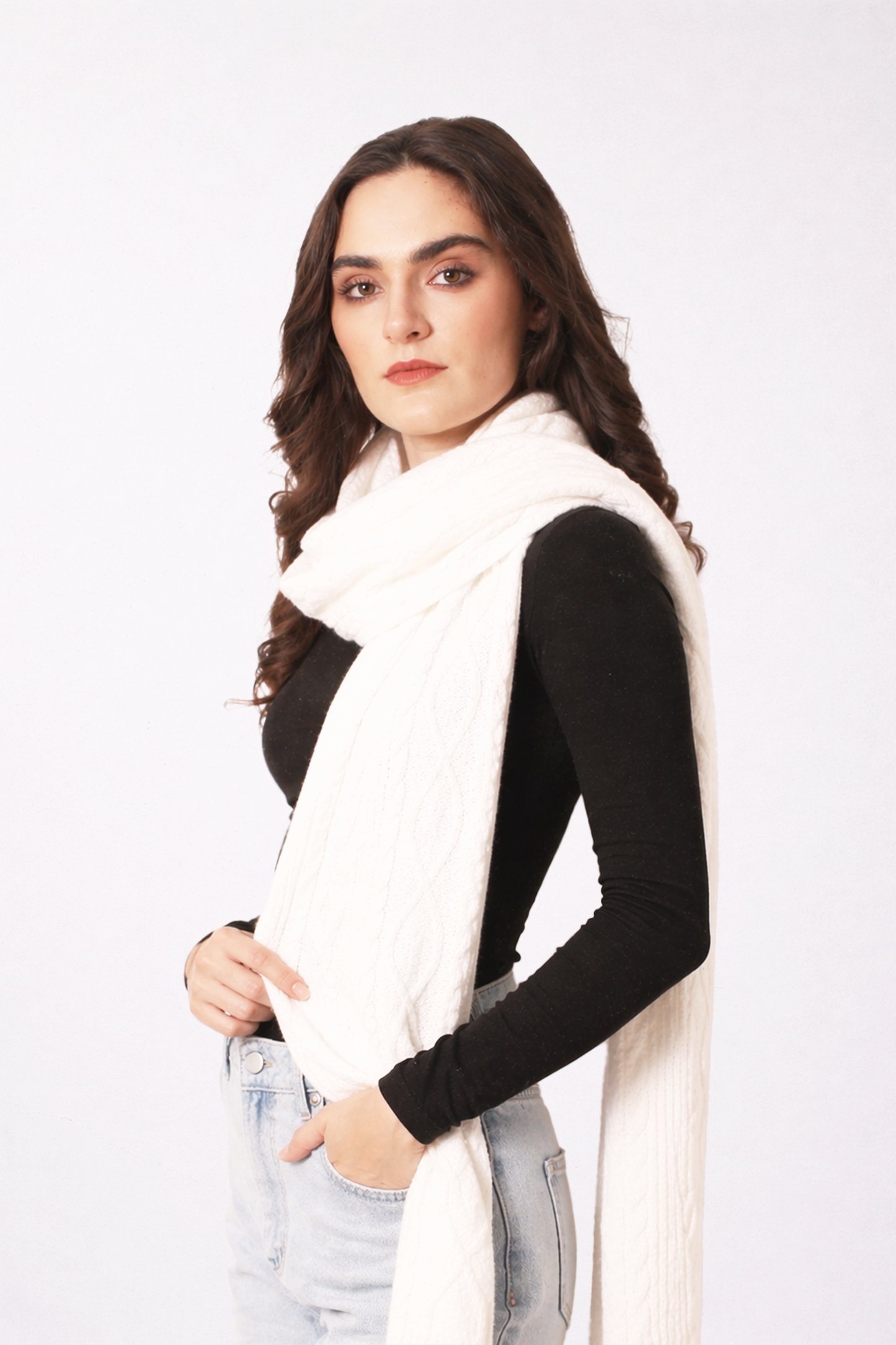 Soft Pearl Cashmere Cable Knit Scarf