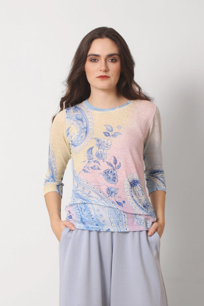 تيشيرت مطبوع من الكتان المحبوك بألوان الباستيل