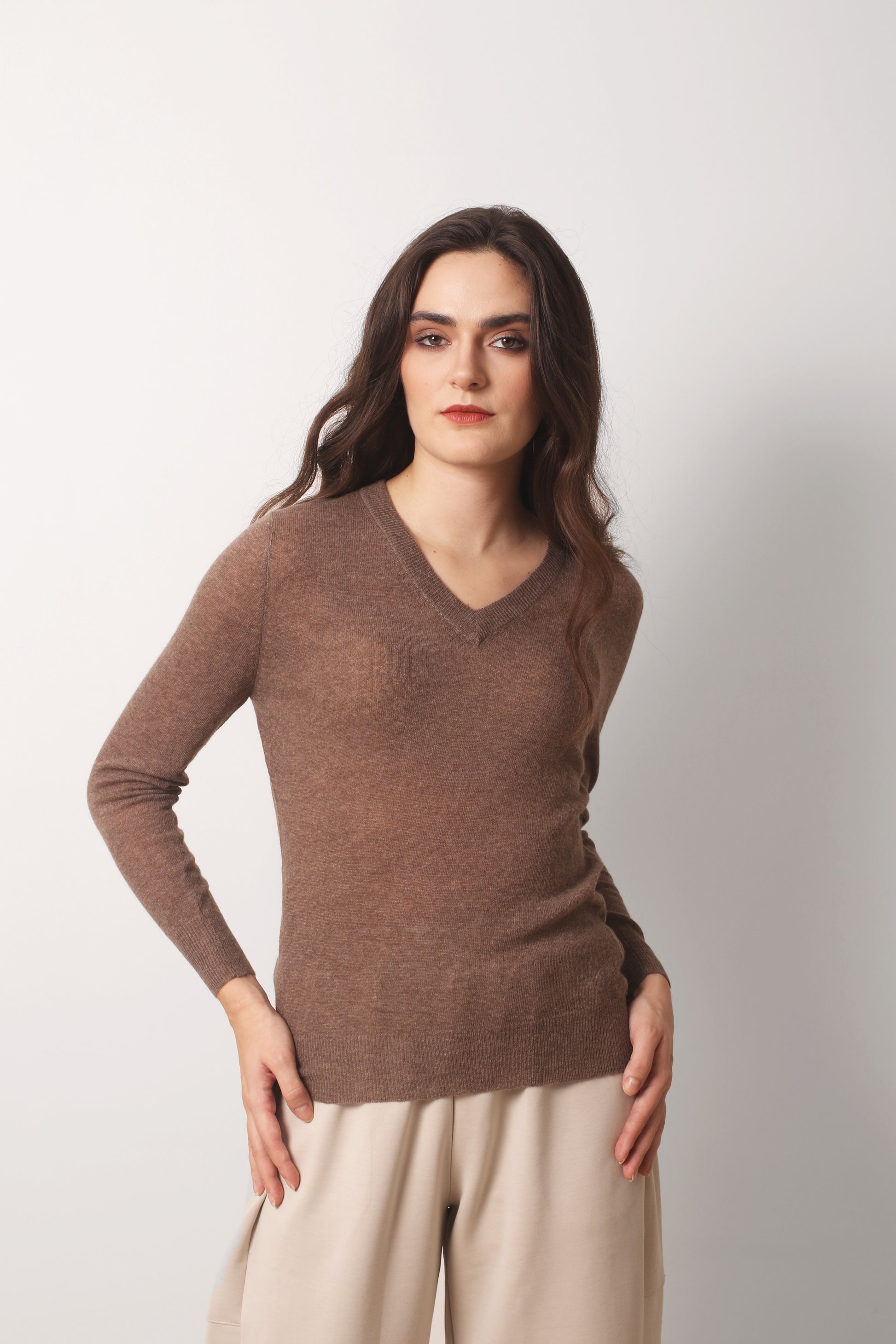 Taupe_Cashmere_-_Second_Skin_V-Neck_T_shirt-_Pashma_Women_s
