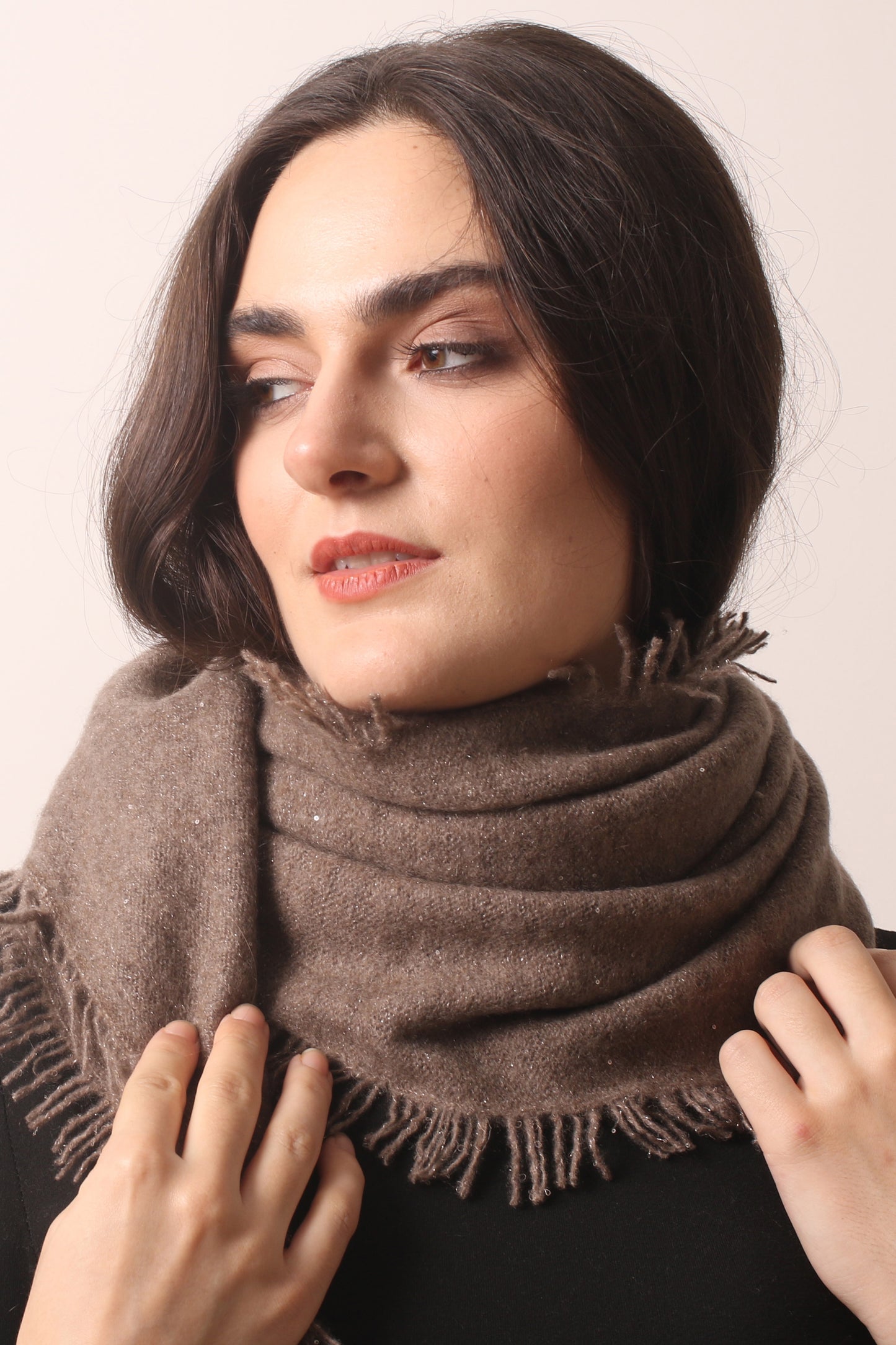Taupe Diamond Yarn Cashmere Scarf-Pashma Women's