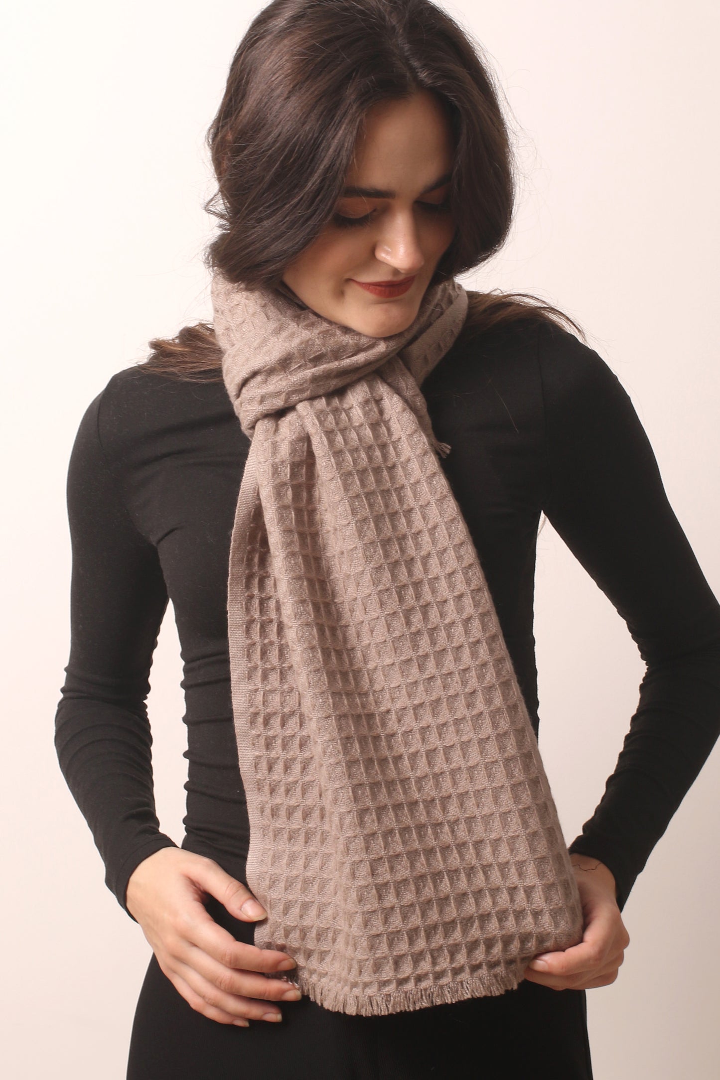 Taupe Waffle Weave Cashmere Scarf 2- Pashma Women's