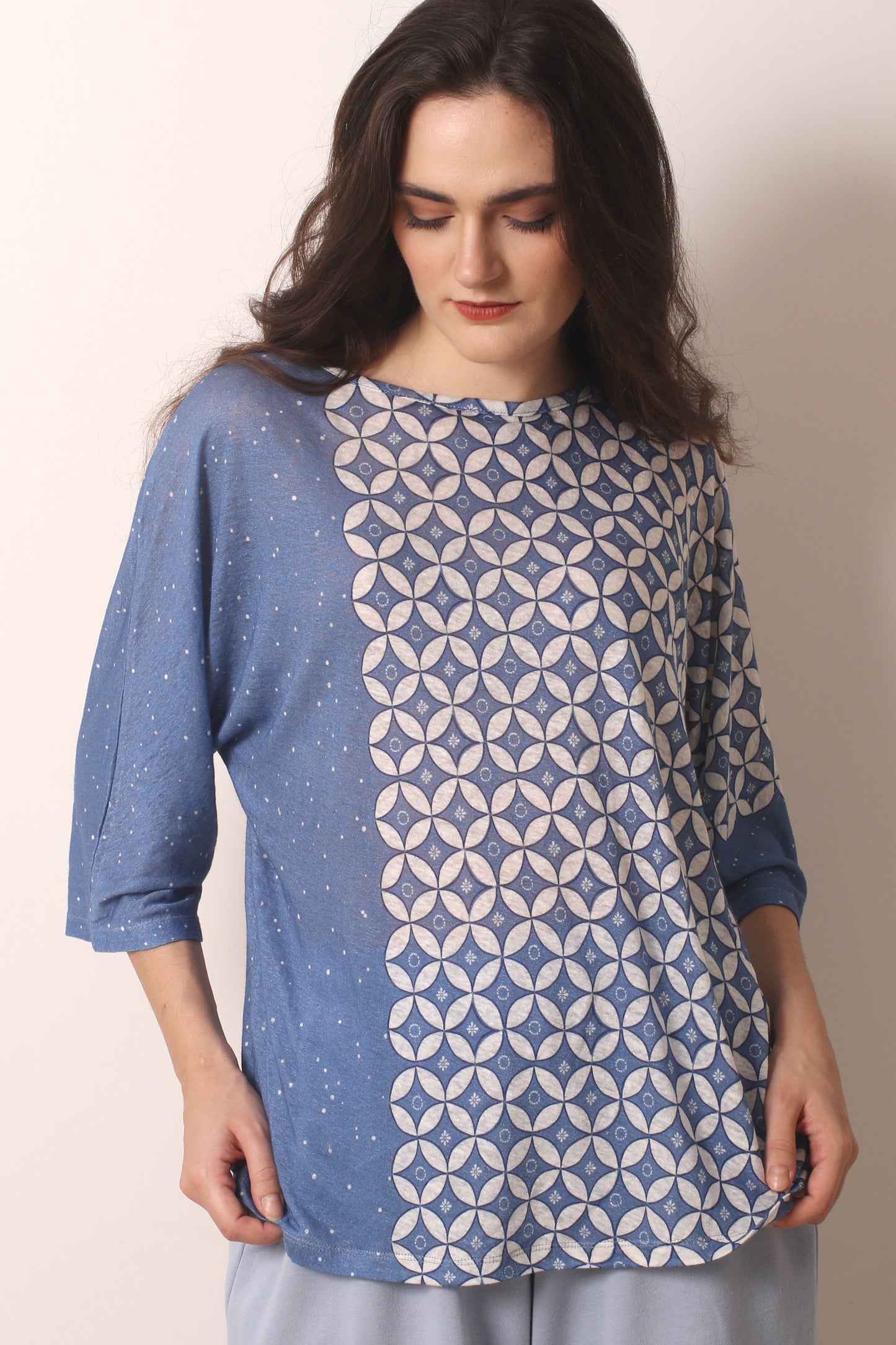 Blue geometric knitted linen T-Shirt