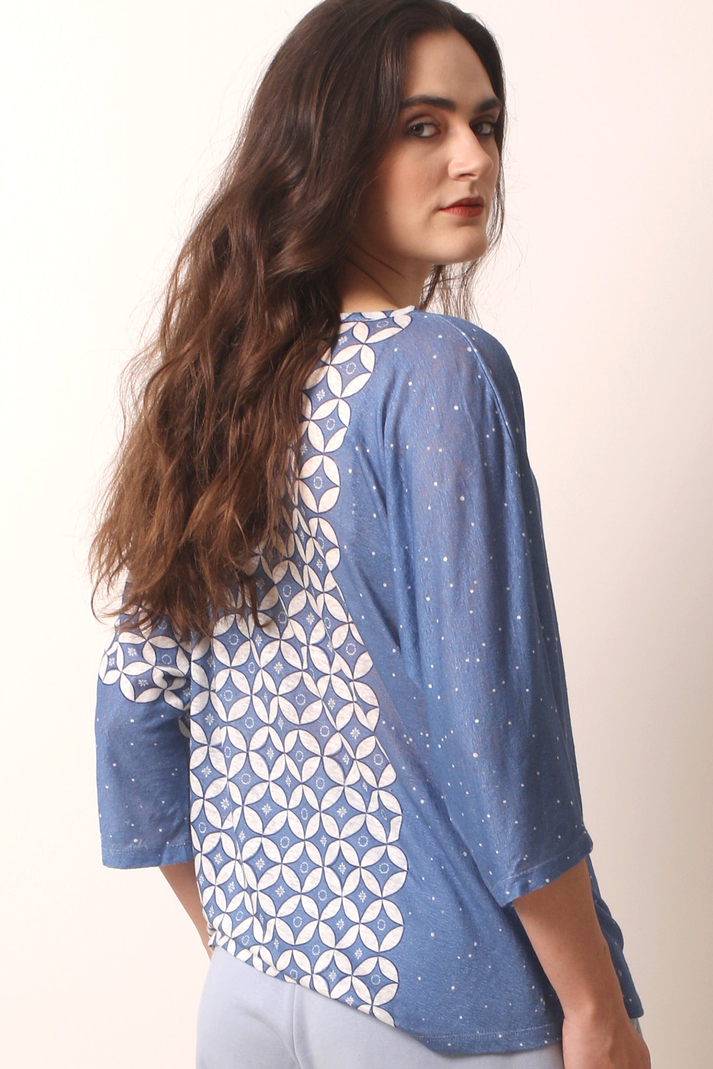 Blue geometric knitted linen T-Shirt