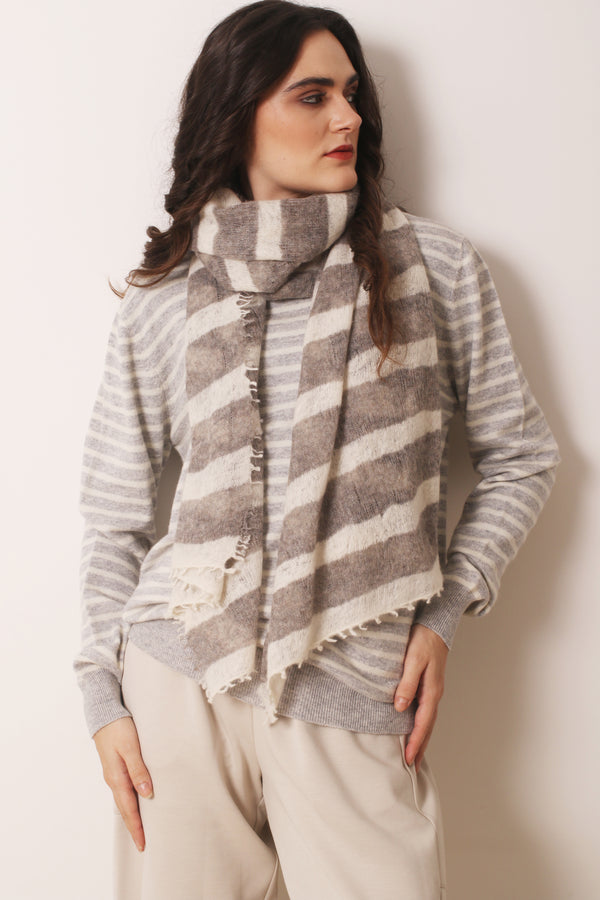 Ivory and Grey Striped Triangular Scarf