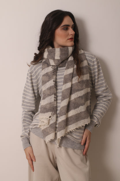 Ivory and Grey Striped Triangular Scarf