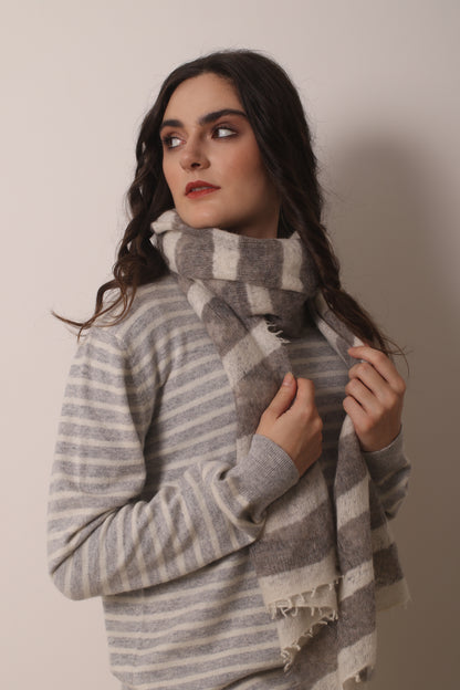 Ivory and Grey Striped Triangular Scarf