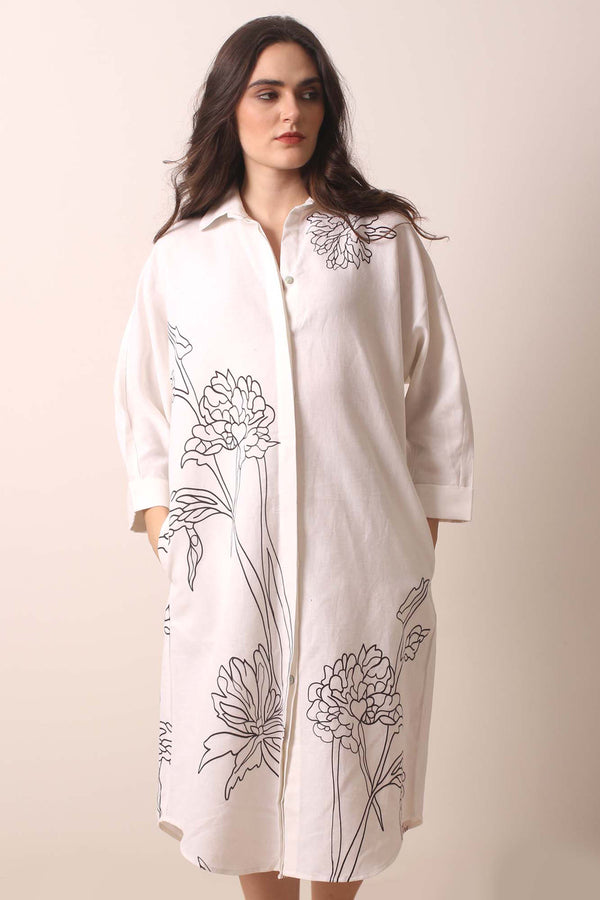 White Floral Printed Linen Shirt Dress- Pashma Women's