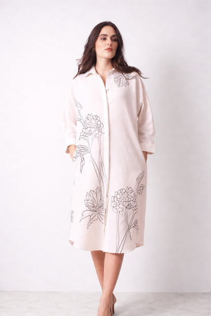 White Floral Printed Linen Shirt Dress