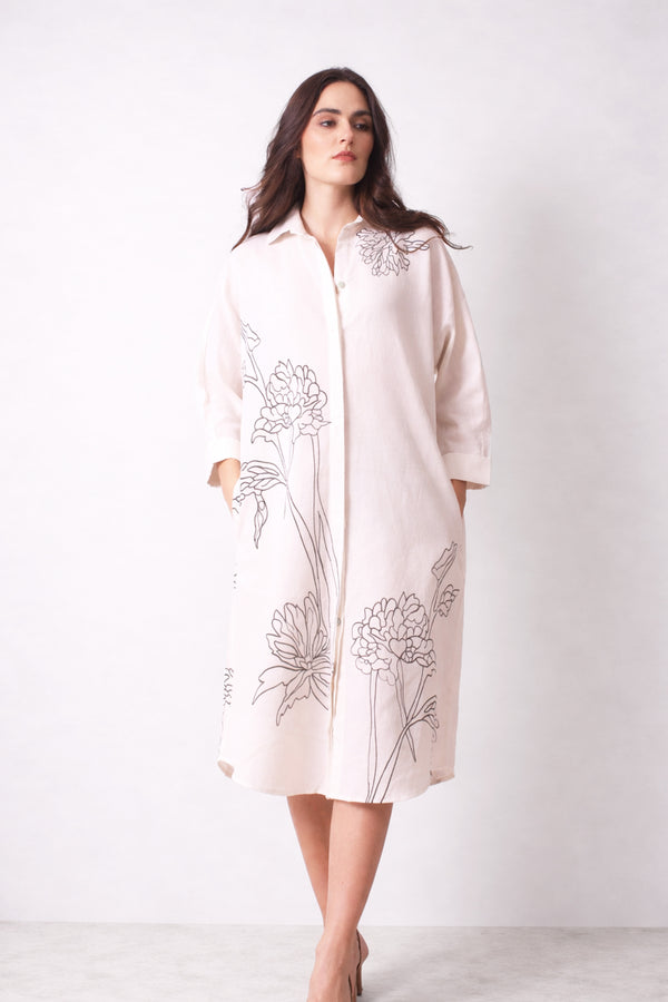 White Floral Printed Linen Shirt Dress