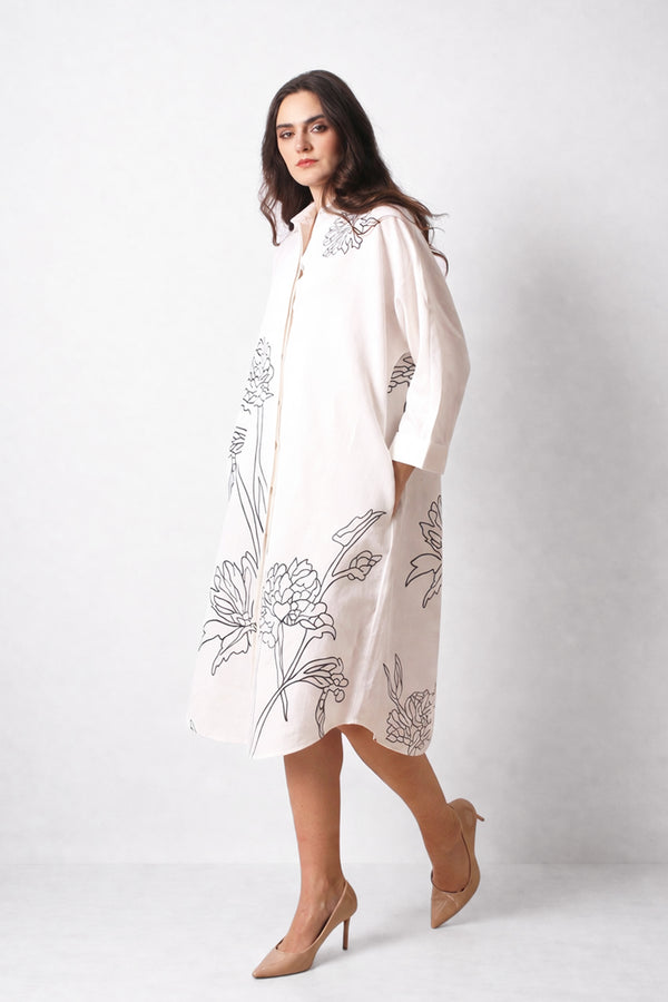 White Floral Printed Linen Shirt Dress