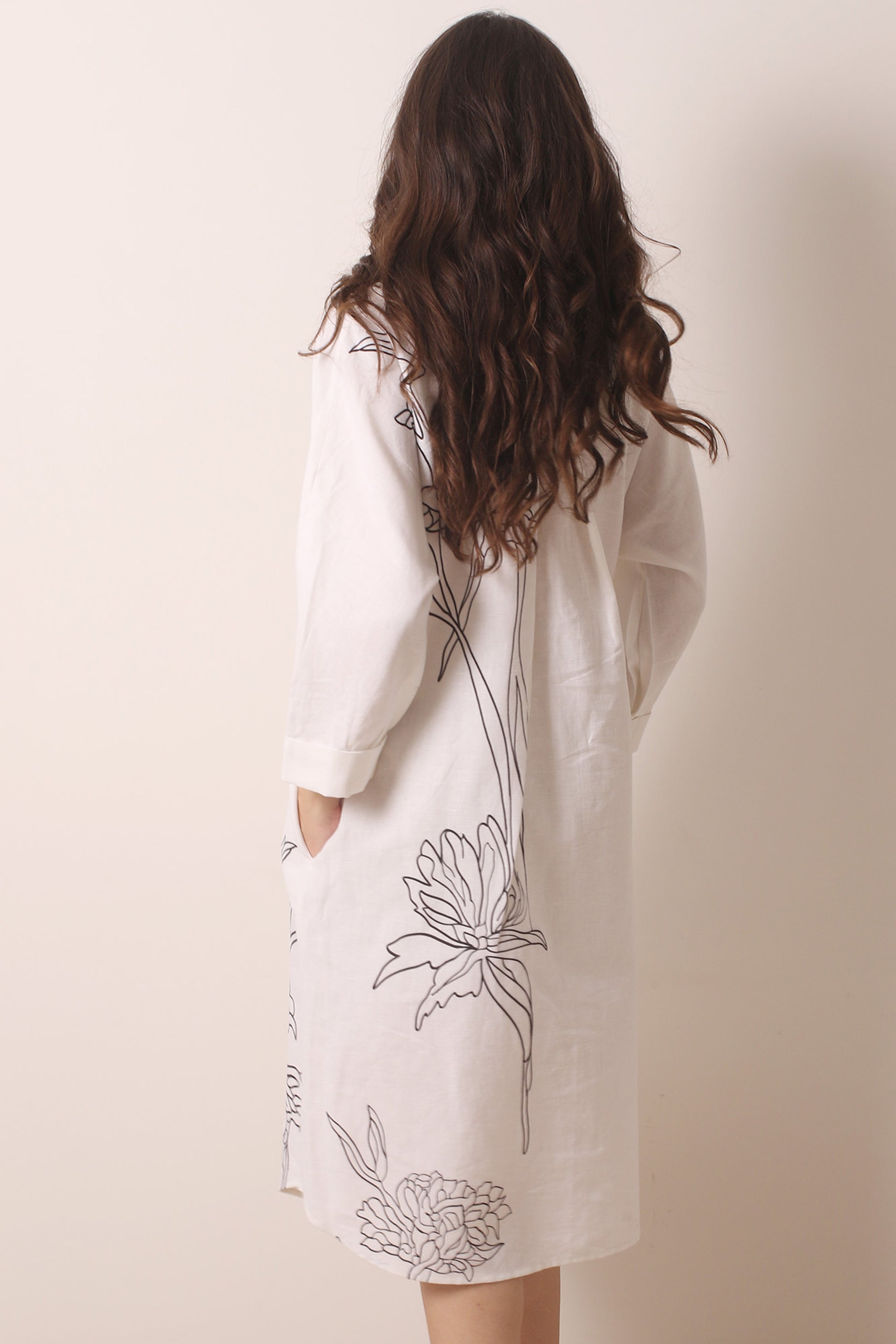 White Floral Printed Linen Shirt Dress 3- Pashma Women's