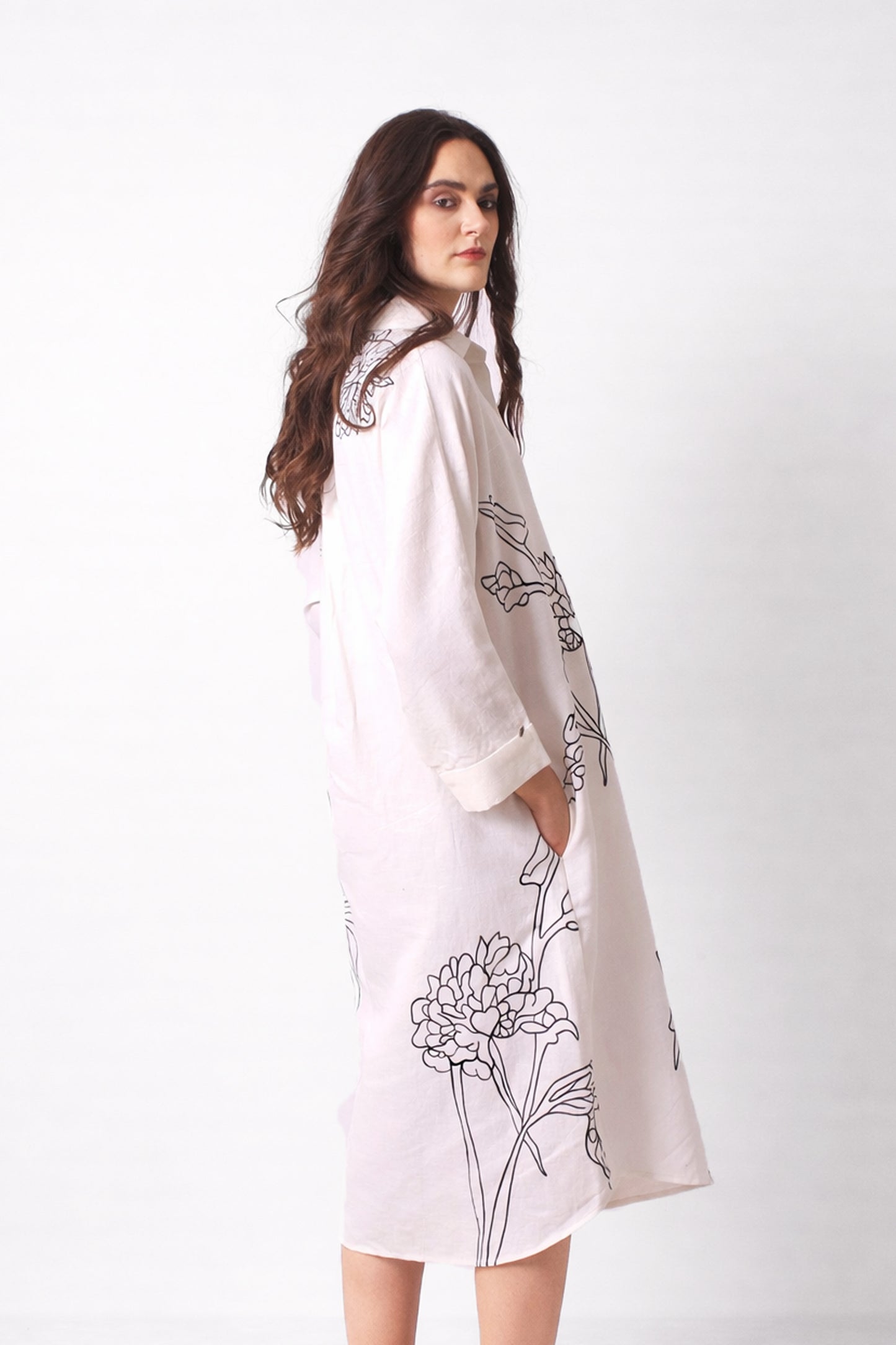 White Floral Printed Linen Shirt Dress