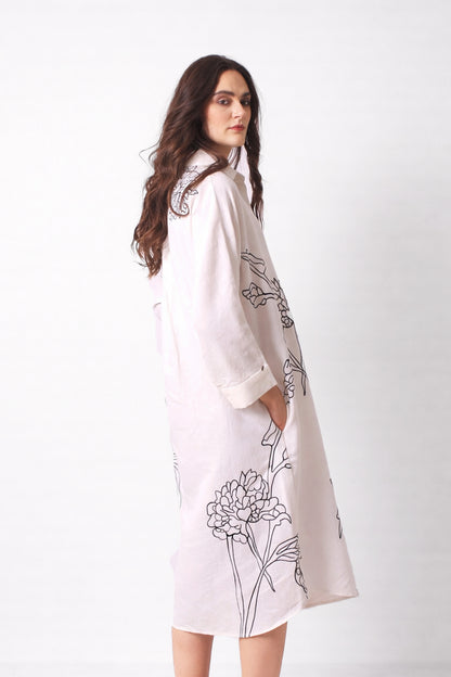 White Floral Printed Linen Shirt Dress