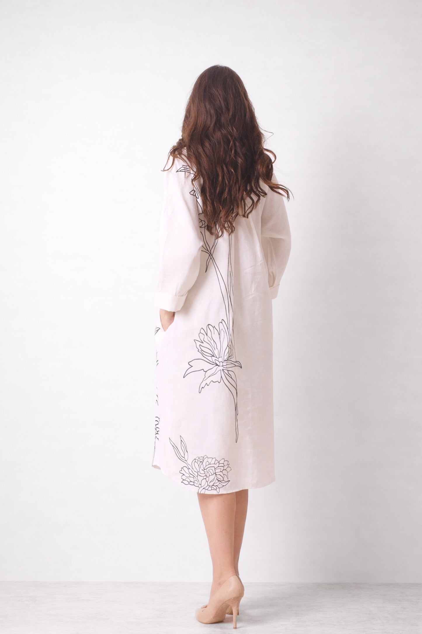 White Floral Printed Linen Shirt Dress