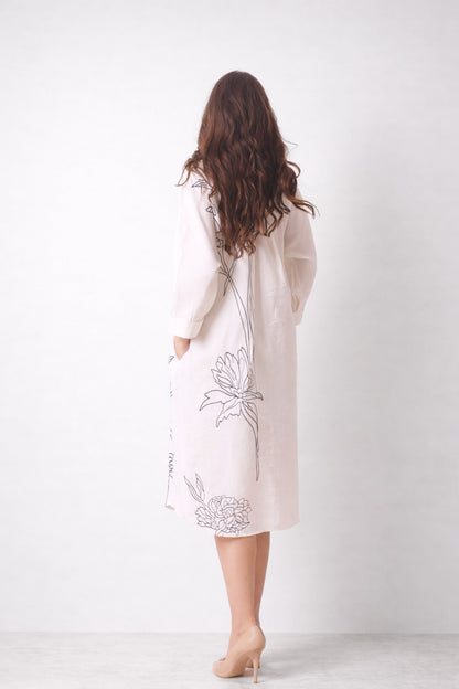 White Floral Printed Linen Shirt Dress