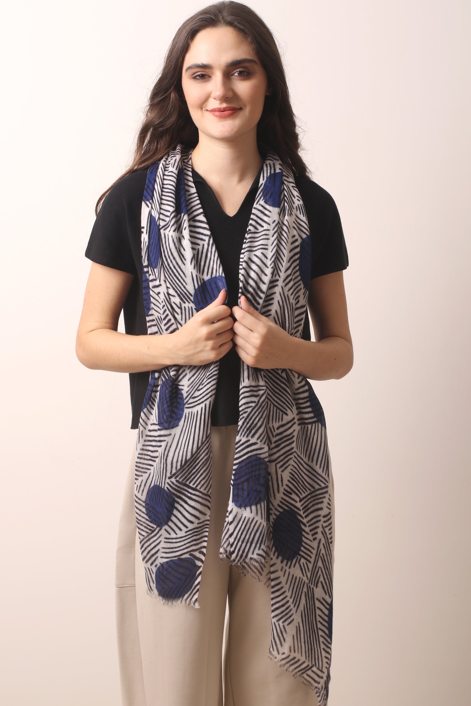 White & Inky Blue Geometric Silk Cashmere Scarf- Pashma Women's