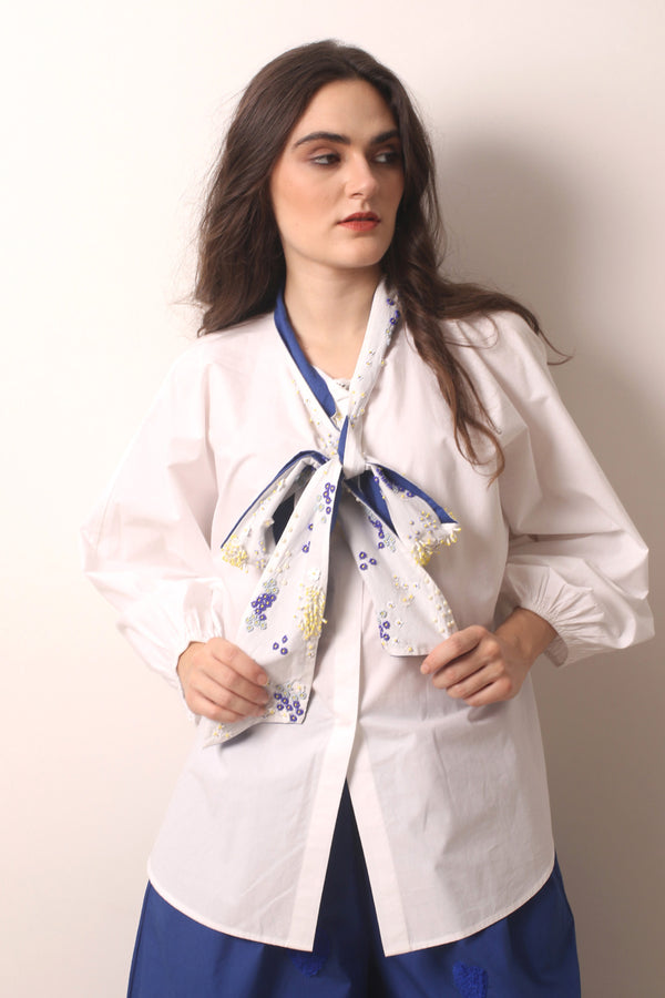 White Tie neck French Cotton Shirt-Pashma Women's