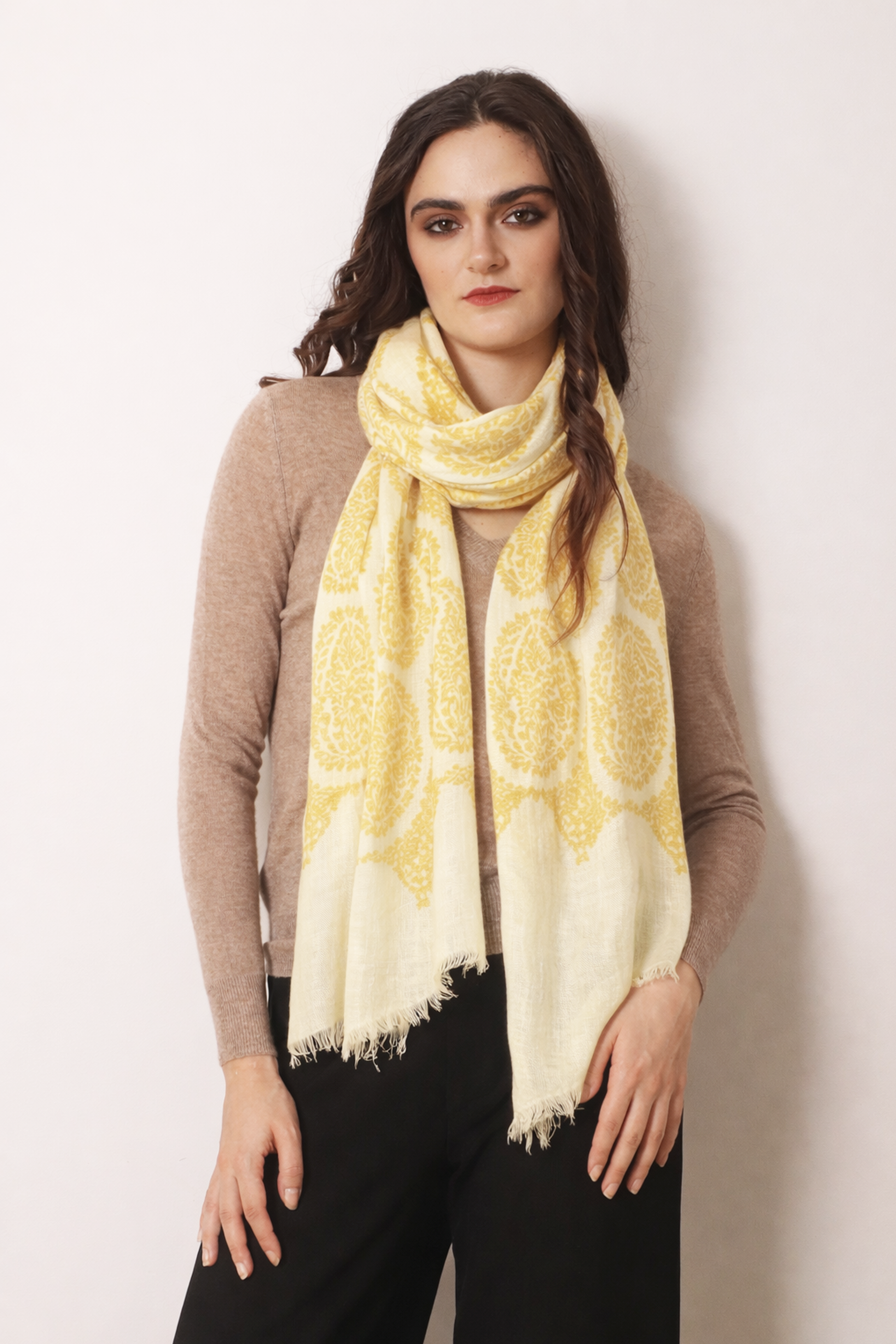 Yellow Paisley silk cashmere Scarf- Pashma Women's