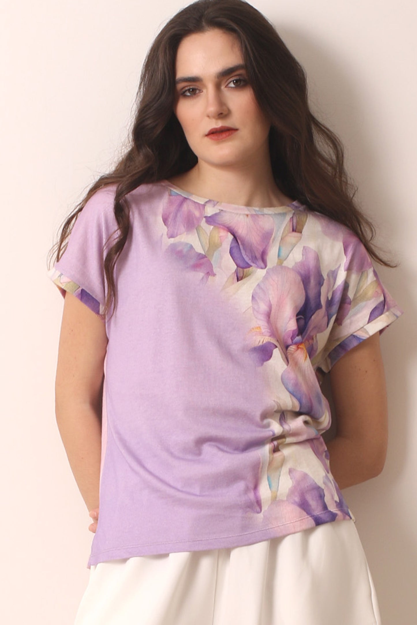 lilac floral print cotton cashmere T-shirt - Pashma Women's