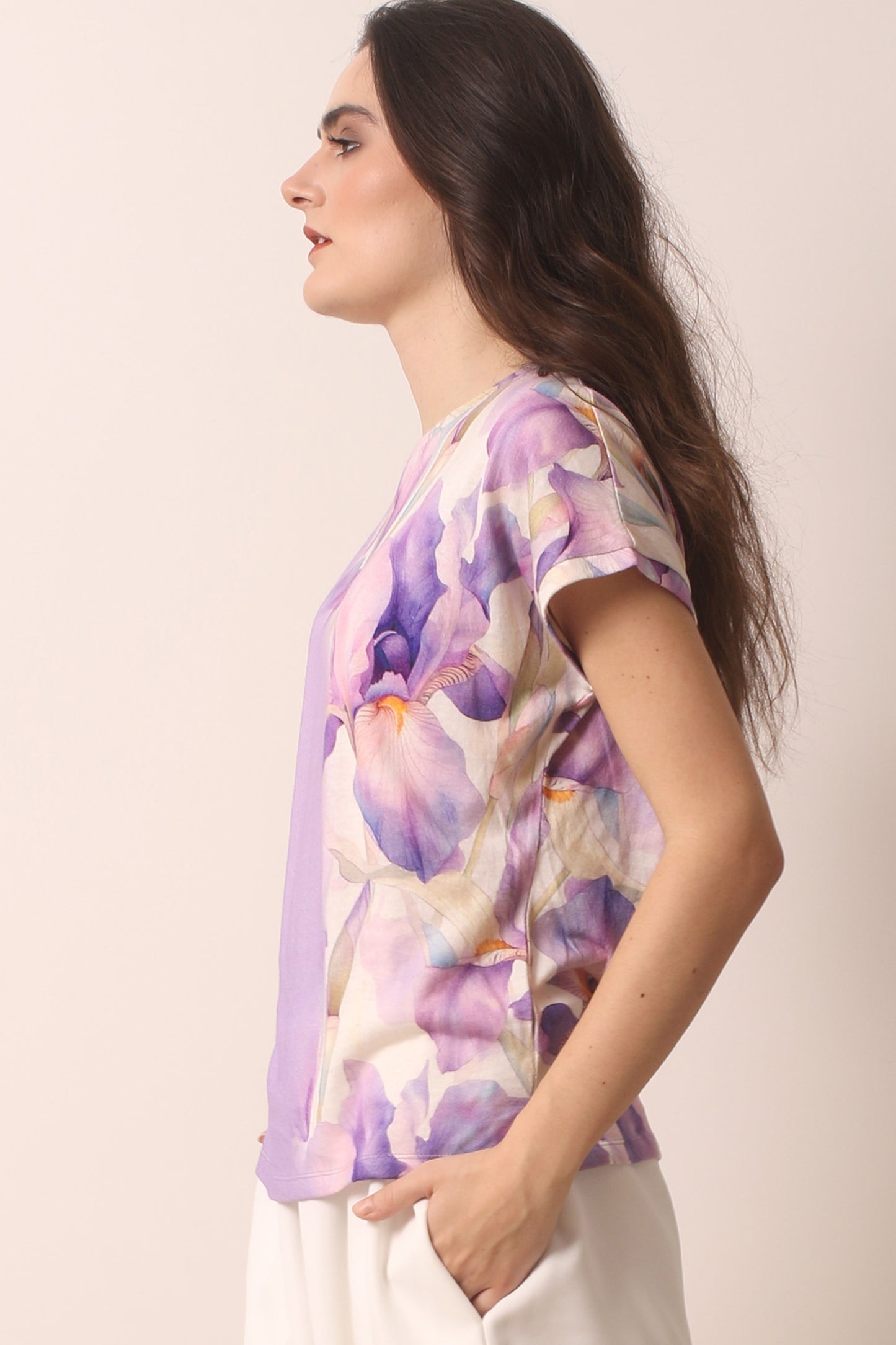 lilac floral print cotton cashmere T-shirt 1- Pashma Women's