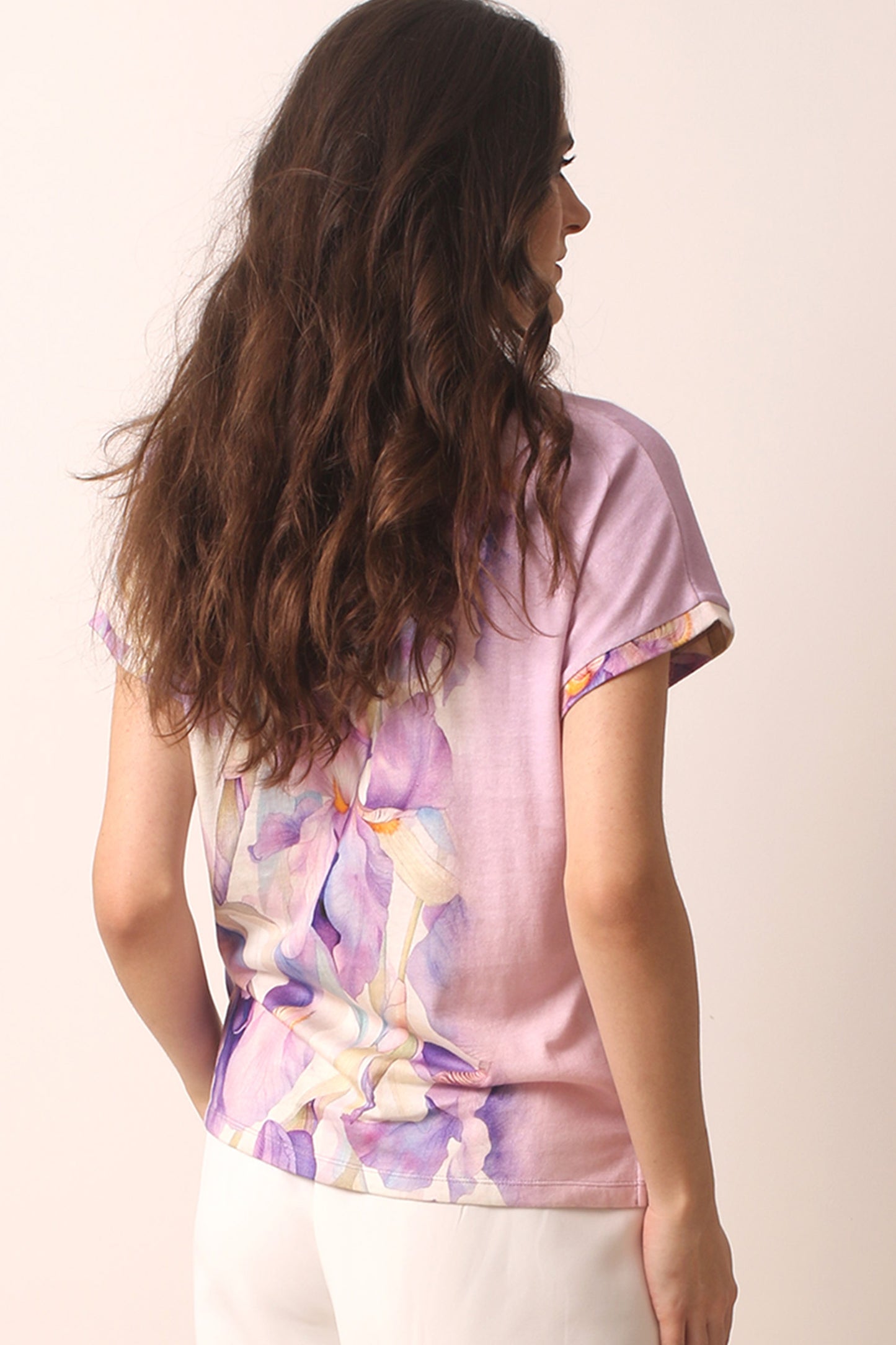 lilac floral print cotton cashmere T-shirt 2- Pashma Women's