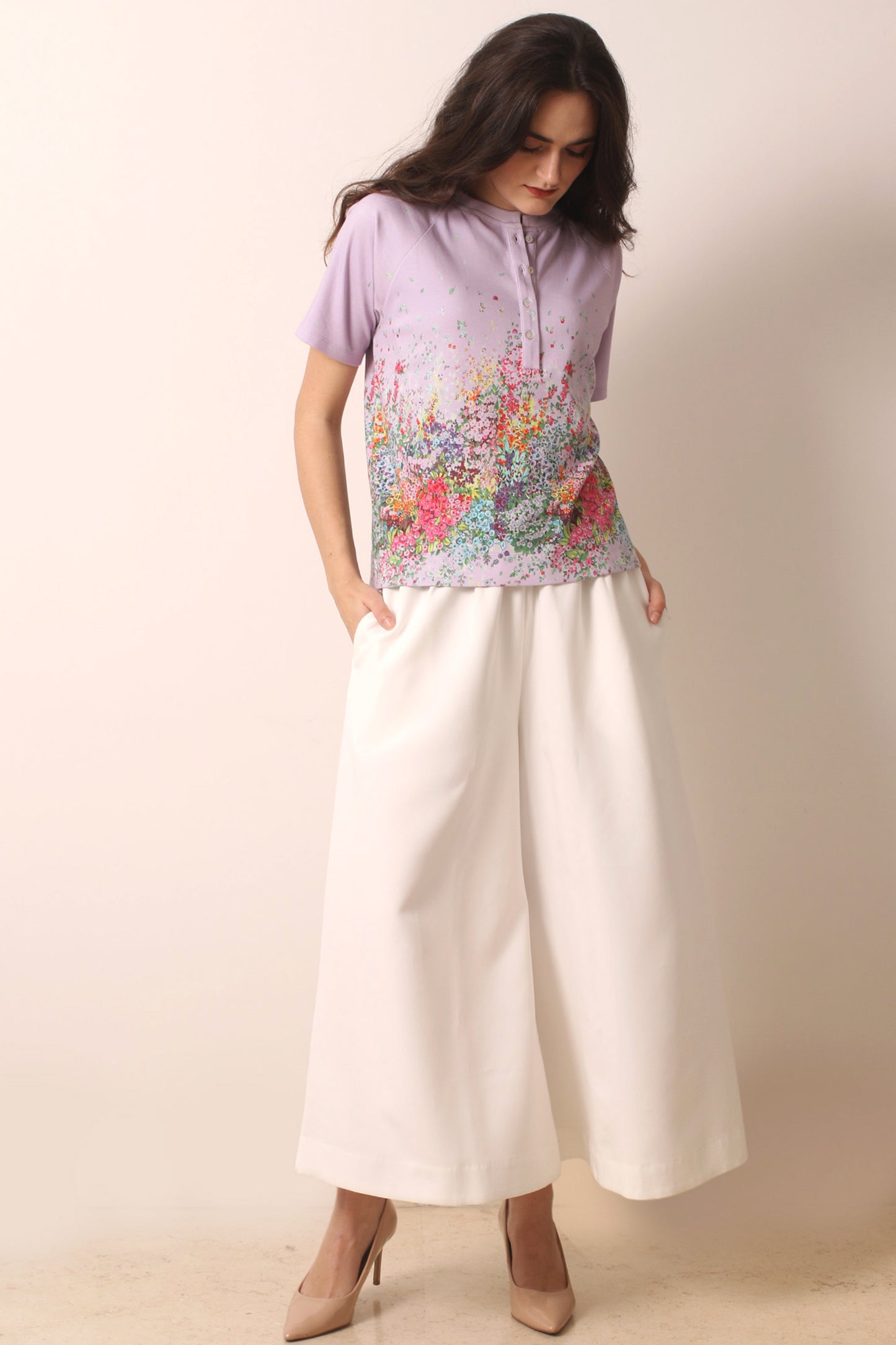 lilac floral print cotton modal T-shirt 3- Pashma Women's